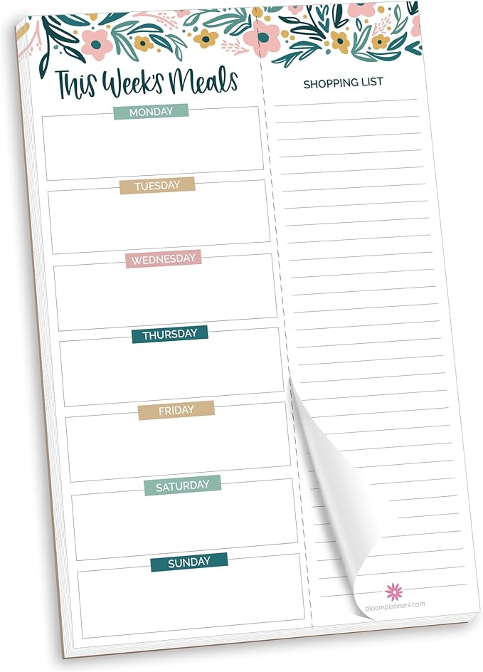 bloom daily planners Weekly Meal Planning Pad - Magnetic Hanging Refrigerator Menu Planner with Tear-Off Sheets & Perforated Grocery Shopping Lists - 6” x 9” (Garden Blooms)
