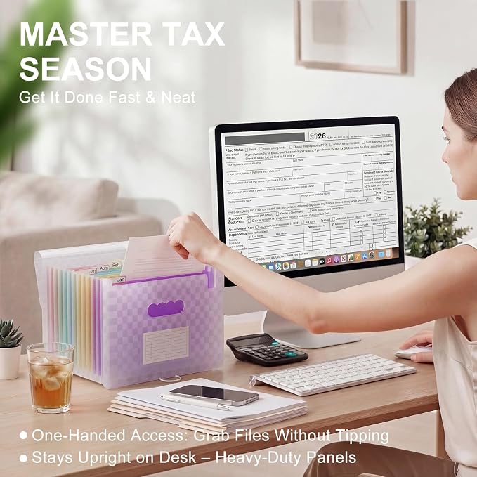 ThinkTex Accordion File Organizer, 12 - Pocket Expanding File Folders | for Paper Receipts, Bills & Taxes Organizer, Letter/A4 Size Document Holder for School, Office, Home with tabs-Purple