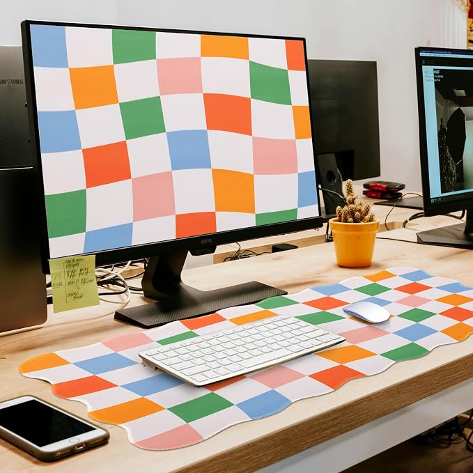 L-SPOUTTO Checkered Mouse Pad,Geometric Desk Mat XXL Large Scalloped Gaming Mousepad,35.4x15.7in Non-Slip Base Keyboard Pad Waterproof Desktop Mat for Laptop Computer Game Home Office-Checkered