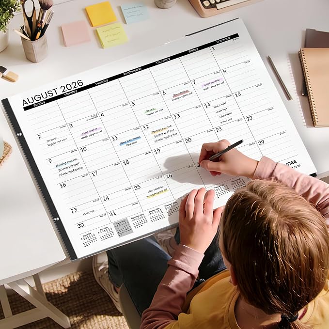 SUNEE Desk Calendar 2026 Large 22x17 from July 2026 to December 2027, Extra Large Desktop Monthly Calendar Pad 18 Months For Teacher or Office, Desk Top, Black Minimalism