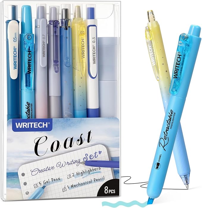 WRITECH Gel Pens Journaling Highlighters: Blue Journal Set Assorted Pastel Color 0.5mm&0.7mm Fine Point Retractable Black Ink Pen Mechanical Pencil Smooth Writing Drawing 8ct