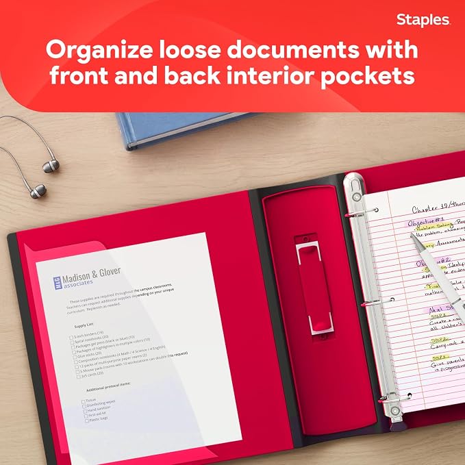 Staples Heavy-Duty 2-Inch D-Ring Binder, Red – 3-Ring Binder with Pockets, Holds Up to 540 Sheets for School & Office
