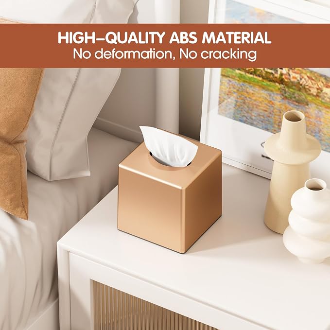 Y-in Hand Tissue Box Cover, Square Facial Cube Tissue Box Holder, Storage Accessories for Bathroom Vanity, Bedroom Countertops, Dressers, Night Stand, Parlors and Offices - Camel Rose Gold