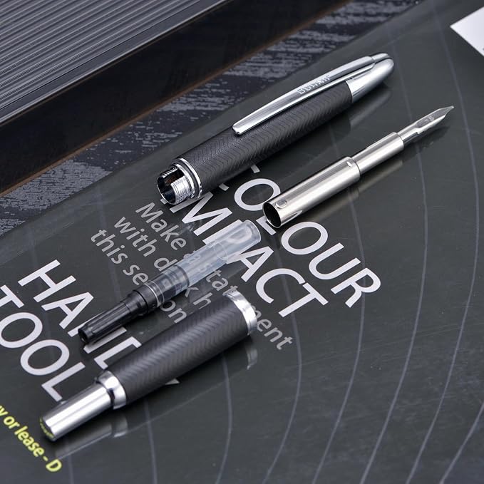 Jinhao 10 Press Fountain Pen with Box, Wavy Matt Black Chromium Retractable Extra Fine Nib with Ink Converter Set (Silver Clip)