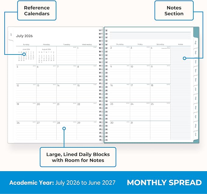 Blue Sky 2026-2027 Weekly & Monthly Academic Planner, 8.5"x11", Dots | July 2026 - June 2027, Clear Pocket Cover, Wirebound, Laminated Tabs, Storage Pocket, Academic Year, Teacher Lesson Planner
