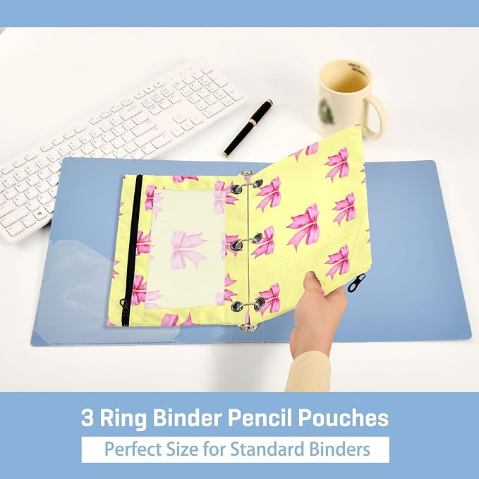 Yellow Bows Tie Pencil Pouch Fits Standard 3-Ring Binders, Zipper Binder Pencil Bag with Clear Window for Office 2 Pack