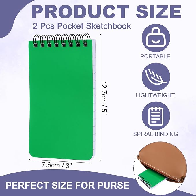 PATIKIL 3x5" Pocket Sketchbook, 2 Pcs Top Spiral Notebook Mini Lined Notebook Memo Pads 80GSM 60 Sheets/120 Pages Hard Cover Portable for Office Outdoor Travel Journal Draw, Grass Green