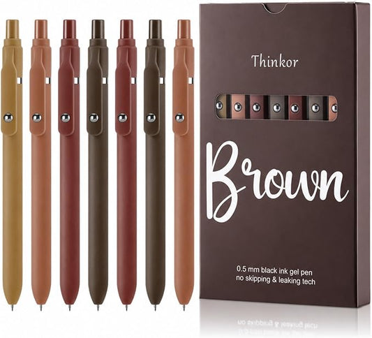 thinkor Gel Pens Black Ink, 7 Pcs 0.5mm Quick Dry Fine Point Smooth Writing Pens, Cute Office School Supplies Gifts for Women Student (7 Pcs Brown- Black Ink)
