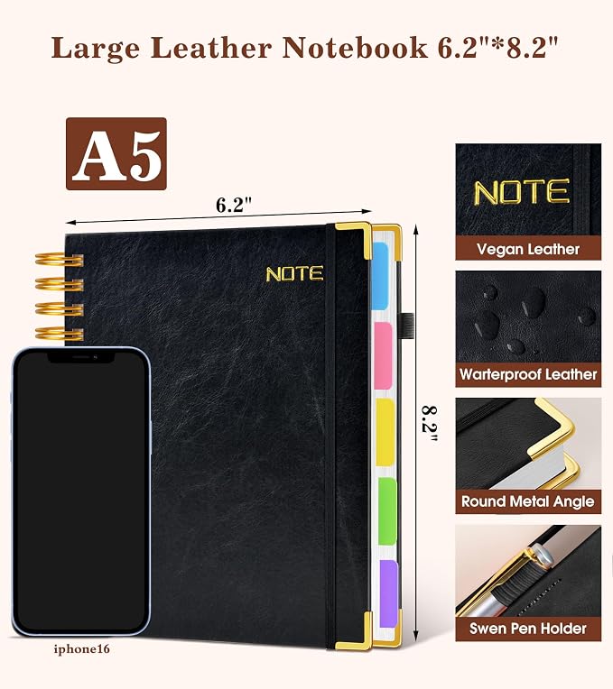 Hardcover Spiral Notebook with Removable Dividers Tabs, 300 pages Leather 5 Subject Notebook College Ruled, 6.2" x 8.2" Journal for Women Men, Small Notebooks for Work School Note taking,A5 Black