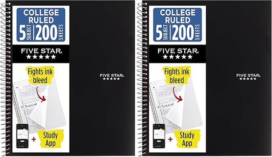 Five Star Spiral Notebook + Study App, 5 Subject, College Ruled Paper, Fights Ink Bleed, Water Resistant Cover, 8-1/2" x 11", 200 Sheets, Black (72081) (Pack of 2)