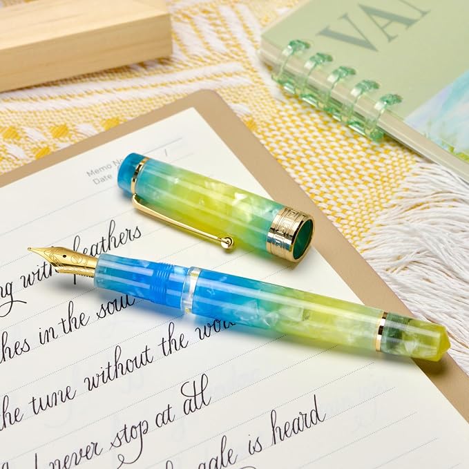 Asvine P20 Piston Fountain Pen Gradual Yellow Resin, Iridium Medium Nib Gold Trim Smooth Writer Collection with Case Set