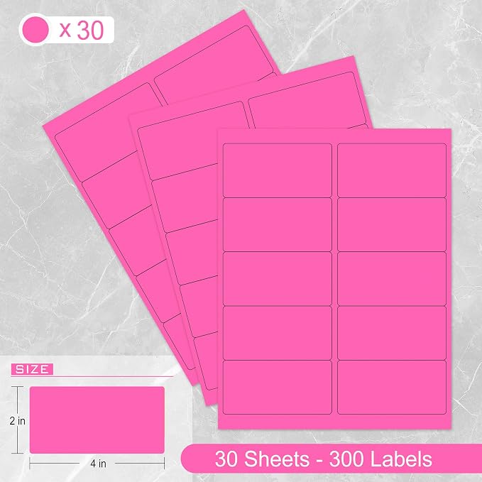 L LIKED 300 Fluorescent Pink Labels, 2"X4" Neon Colored Labels Handwritten or Inkjet/Laser Print for Shipping Envelopes & Small Packages - 30 Sheets