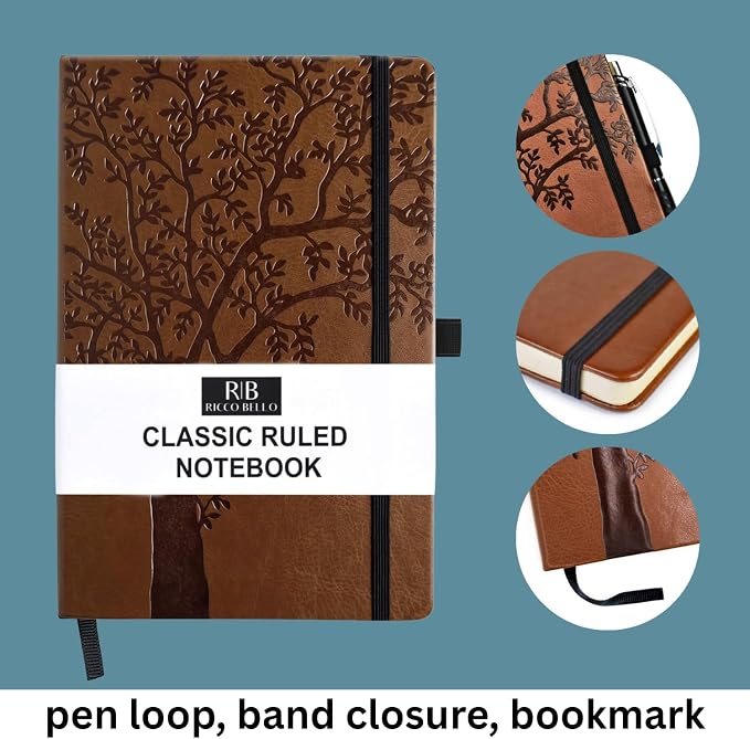 RICCO BELLO Lined Journal Notebook, Art Tree, Faux Leather Hardcover | With Pen Holder, College Ruled, 96 Sheets / 192 Pages, 5.7 x 8.4 Inches, For Work & Notes