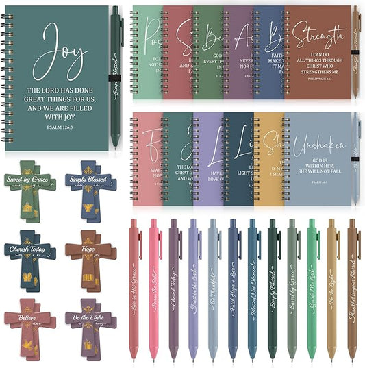 36 Pcs Christian Bulk Gifts for Women: Boho Prayer Journal Religious Gifts | 12 Bible Verse Spiral Notebooks, 12 Scripture Pens, 12 Magnetic Bookmarks, Small Church Journal for Bible Study Groups Pastor