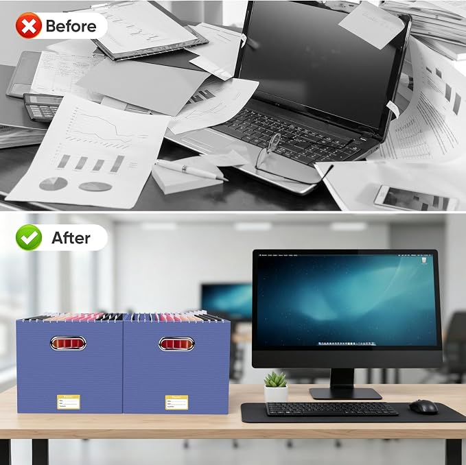 BALEINE File Organizer Box, Cardboard File Folder Organizer with Handle for Letter Size, Portable Collapsible Hanging Filing Box for Home Office Document Storage (4 Pack, Large Navy)