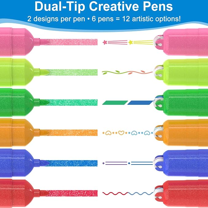 AECHY Dual Tip Glitter Highlighters & Dual-Color Curve Roller Pens,6 Pack | Sparkle Markers with Bullet Tip & Dual-Color Gradient Roller for Journaling, Note Taking, Scrapbooking,School Supplies &Gifts