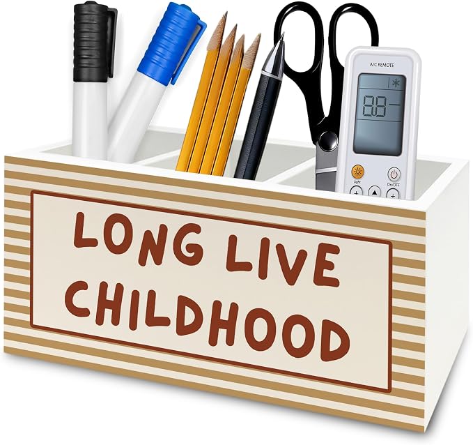 Retro Kids Pen Pencil Holder Organizer for Desk, Orange Striped Long Live Childhood Wooden Box Signs Decorations for Home Classroom Kids Room Bedroom Desk Tabletop, Boys Room Decor