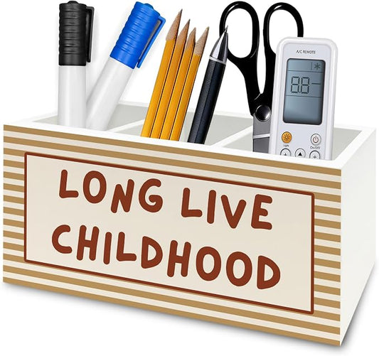 Retro Kids Pen Pencil Holder Organizer for Desk, Orange Striped Long Live Childhood Wooden Box Signs Decorations for Home Classroom Kids Room Bedroom Desk Tabletop, Boys Room Decor