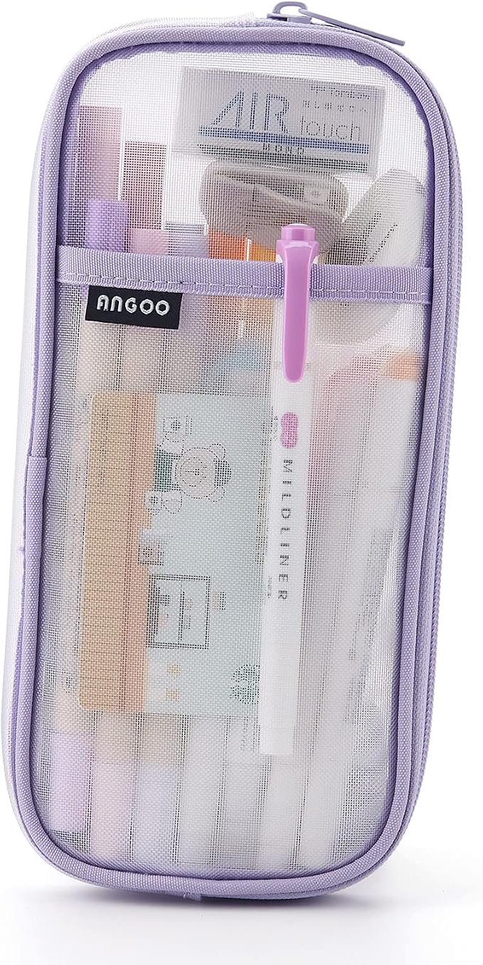 EASTHILL Grid Mesh Pen Pencil Case with Zipper Clear Makeup Color Pouch Cosmetics Bag Multi-Purpose Travel School Teen Girls Transparent Stationary Bag Office Organizer Box for Adluts(Purple)