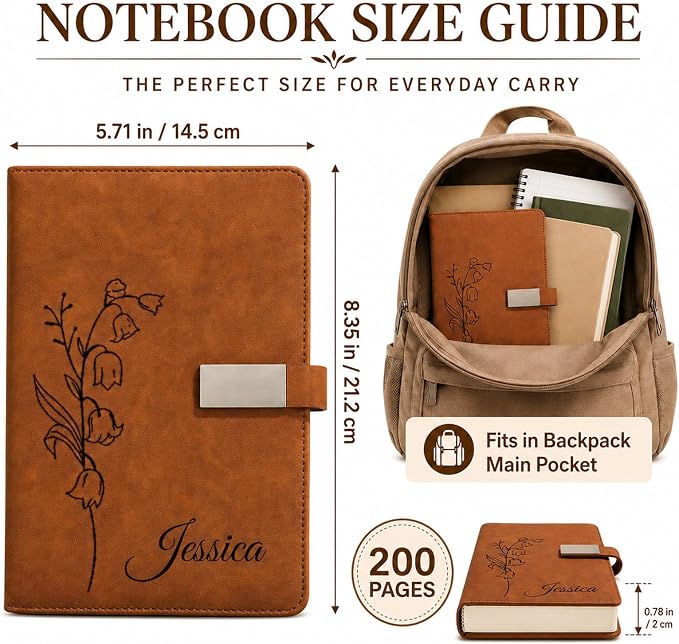 Personalized A5 Notebook Gift Set with Pen and Gift Box, Custom Name Birth Flower PU Leather Journal for Women, Writing Notebook for Work, Travel, Teachers, Mom and Friends (A)
