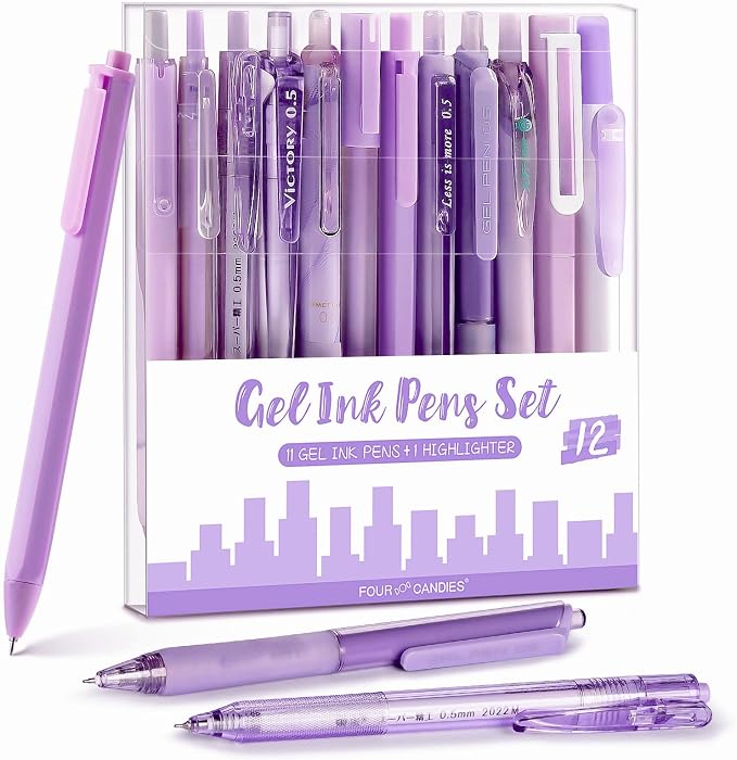 Four Candies Purple Pens, Black Gel Ink, Lavender - 12ct, 0.5mm Fine Point | School Supplies, Desk Accessories & Office Essentials for Women