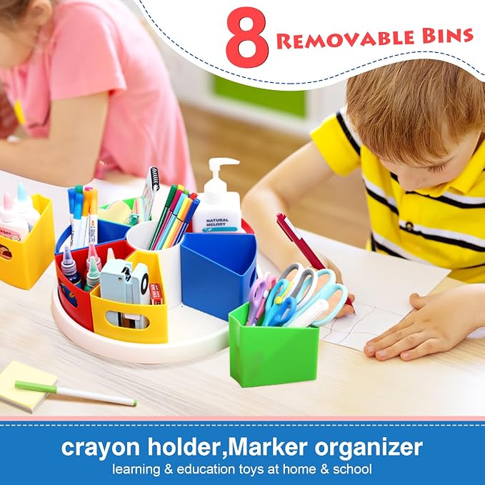 360 Degree Rotating Kids Desk Organizer, Colorful Art Supply Storage and Organization with 8 Removable Compartments, 12" Durable ABS Material for Classroom & Home Use – Perfect Teacher and Child Gift