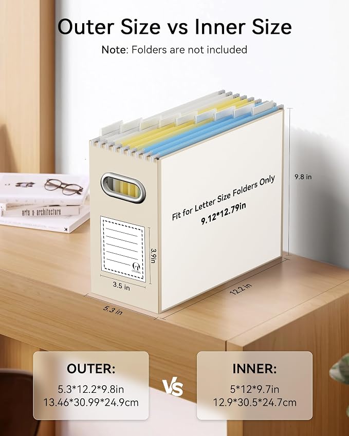 Oterri File Organizer Box, Portable Collapsible Cardboard File Folder Organizer with Handle for Letter Size Hanging Files, Document Storage Box for Home Office & Classroom (4 Packs, Beige)