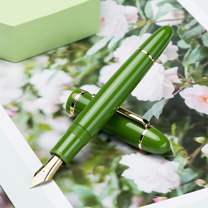 Jinhao X159 Avocado Green Acrylic Fountain Pen, Size 8 Medium Nib Gold Trim Classic Design Smooth Writing Pen with Converter