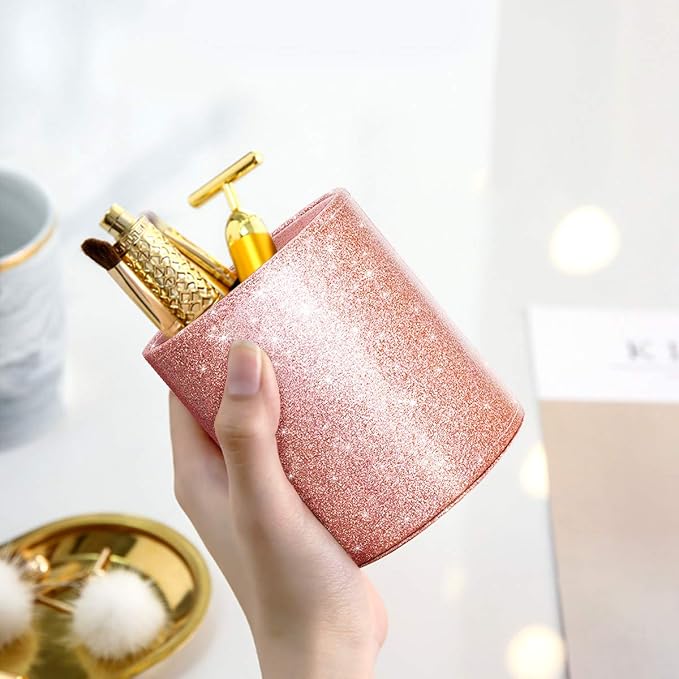 Glitter Pen Holder for Desk Cute, Pencil Cup Organizer, Rose Gold | Makeup Brush Holder, Desk Accessories, Large Pu Leather Multi-Functional Organizer for Office, Classroom, Home