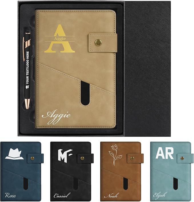 ENOMY Personalized Notebook & Pen Set A5 Notebook with Lock Closure, 200 Lined Pages PU Leather Custom Notebook Cover Premium Gift Box for College Birthday Business Gift, Khaki