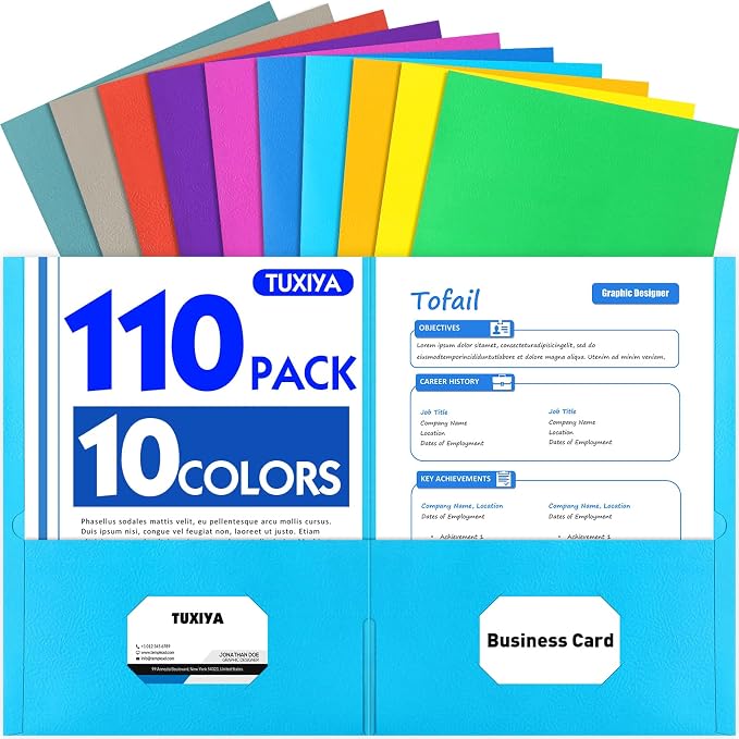TUXIYA Folders with Pockets, 2 Pocket Folders 110 Pack, Assorted 10 Colors, Letter Size Thick Paper Pocket Folder for School Office Business Home
