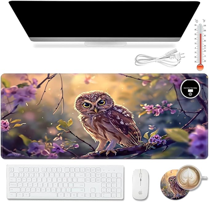 Warm Desk Pad,Heated Desk Pad,Office Mat,3 Heating Levels & 3 Hours Auto Shut-Off,31.5"*13" Gaming Mouse Laptop Keyboard Leather Desk Mat,Cute Owl Purple