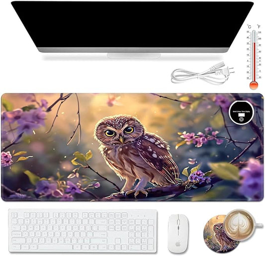 Warm Desk Pad,Heated Desk Pad,Office Mat,3 Heating Levels & 3 Hours Auto Shut-Off,31.5"*13" Gaming Mouse Laptop Keyboard Leather Desk Mat,Cute Owl Purple