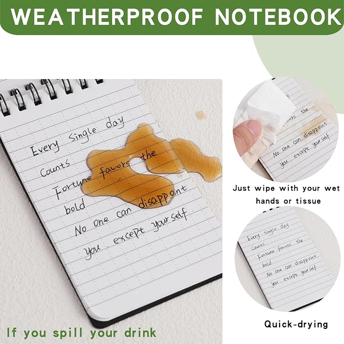 Waterproof Notebook, 8 Pack Pocket Notepad, 3" x 5" Top-Spiral Weatherproof NotePad, All Weather Police Pocket Notebook Mini Memo Steno Note Pads for Outdoor Office School Recording, Black