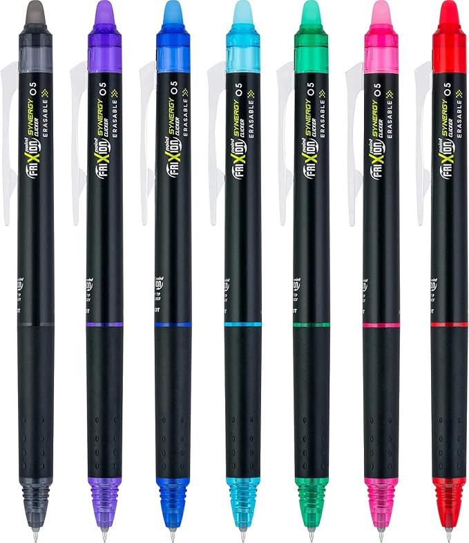 Pilot FriXion Synergy Clicker Erasable, Refillable, Retractable Gel Ink Pens, Extra Fine Point 0.5 mm, Pack of 7, Assorted Colors, FriXion Erasable Pens 0.5 - Ideal for School & Office Writing