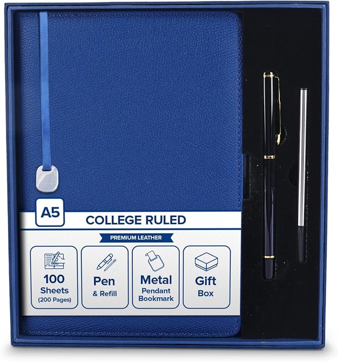 Premium Leather Notebook Gift Set with Pen and Ink Refill, A5 College Ruled Notebook for School & Office Supplies, Employee & Teacher Appreciation Gifts, 200-Page Lined Journal for Men & Women, Blue