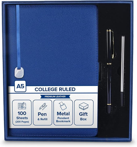 Premium Leather Notebook Gift Set with Pen and Ink Refill, A5 College Ruled Notebook for School & Office Supplies, Employee & Teacher Appreciation Gifts, 200-Page Lined Journal for Men & Women, Blue