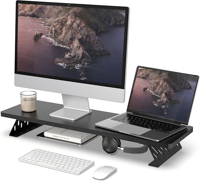 Fenge Monitor Stand Riser, Wooden & Metal Desk Shelf Organizer, Black | 31.5 Inch Computer Stand for Compact Work Station, Multifunctional Monitor Shelf for Laptop, PC, Printer