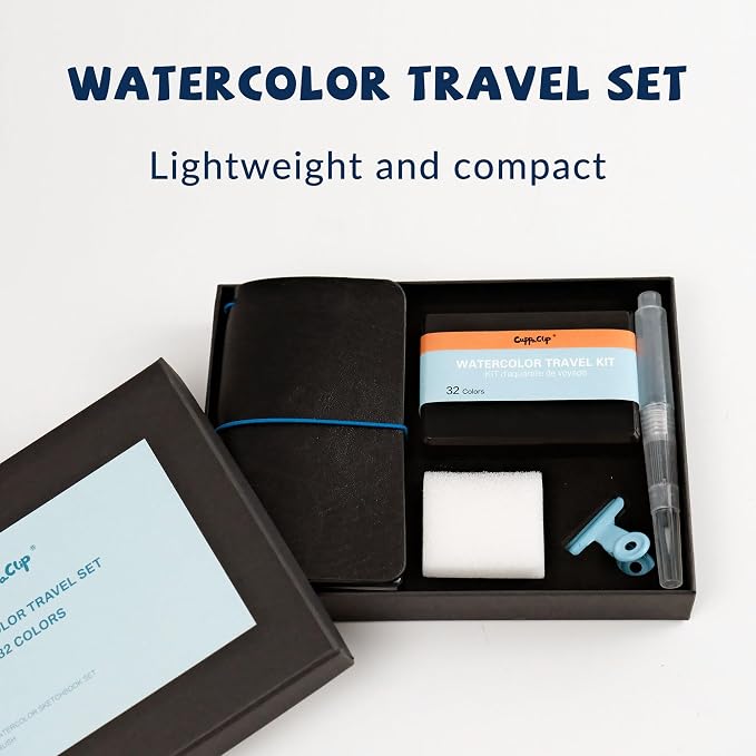 Watercolor Travel Kit, 32 Colors Watercolor Paint Set with 3-in-1 100% Cotton Watercolor Sketchbook, Water Brush, Sponge & Clip, Plein Air Painting Set for Artists (32 Colors)
