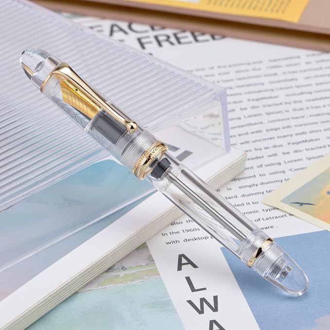 Asvine V800 Fountain Pen - Vacuum Filling System with Large Ink Capacity - Smooth Number 8 Medium Nib with Gift Case and Wrench - Clear Gold Acrylic