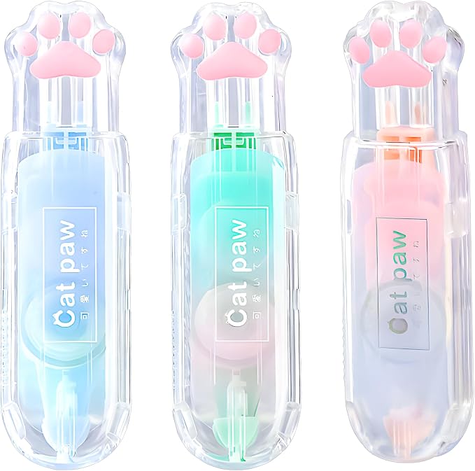 3Pcs Retractable White Correction Tape,Cute Cat Paw Correction Tape Pens, Mini Aesthetic Pen Shaped White Applicator with Easy to Use Out Tape for Back to School Office Supplies