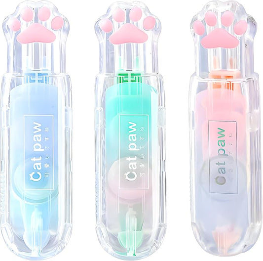 3Pcs Retractable White Correction Tape,Cute Cat Paw Correction Tape Pens, Mini Aesthetic Pen Shaped White Applicator with Easy to Use Out Tape for Back to School Office Supplies