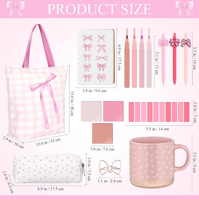 Reallnaive 25 Pcs Pink Bow Gift Set, Coquette Aesthetic School Supplies Gift with Mug, Notebook, Tote Bag, Pens, Highlighters, Stickers & Pencil Pouch, Cute Back to School Gifts for Girl, Women