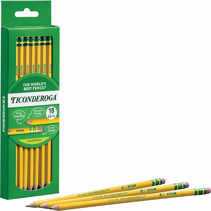 Ticonderoga Wood-Cased Pencils, Pre-Sharpened, #2 HB Soft, Yellow, 18 Count