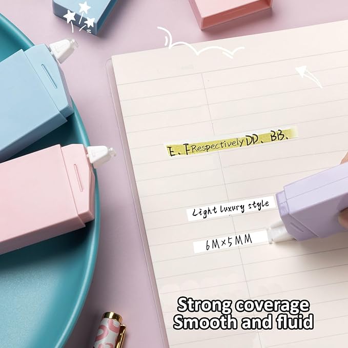 6 Pack Correction Tape Cute White Tape Macaron Color Correction Tape, Easy To Use Applicator for Instant Corrections for Students,Office Workers