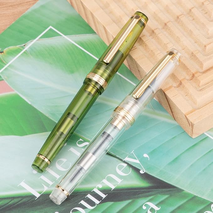 Jinhao 82 Acrylic Fountain Pen, Iridium Fine Nib with Ink Converter, Transparent Unique Design Smooth Writing Pen (Gold Trim)