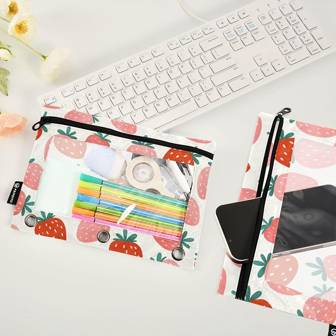 ALAZA Pencil Pouch for 3 Ring Binder, Fruit Strawberry Binder Pencil Pouches with Clear Window Zipper Pencil Case Cosmetic Bags for Office College Supplies, 2PCS