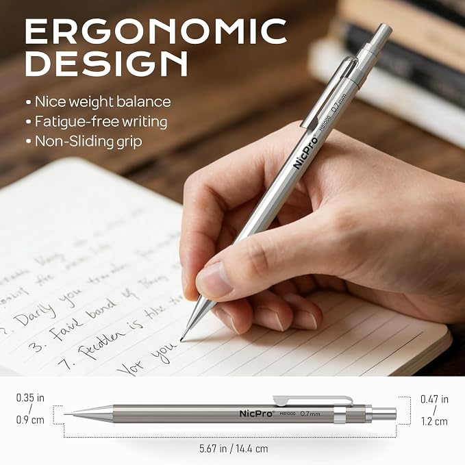 Nicpro 8 Pack Mechanical Pencil 0.7mm, MB1000 Metal Mechanical Pencil Set | 6 Tube HB #2 Lead Refill 0.7 mm, 3PCS 4B Eraser, 9 Cap Eraser with Case for Artist Drafting Writing, Sketching, Drawing