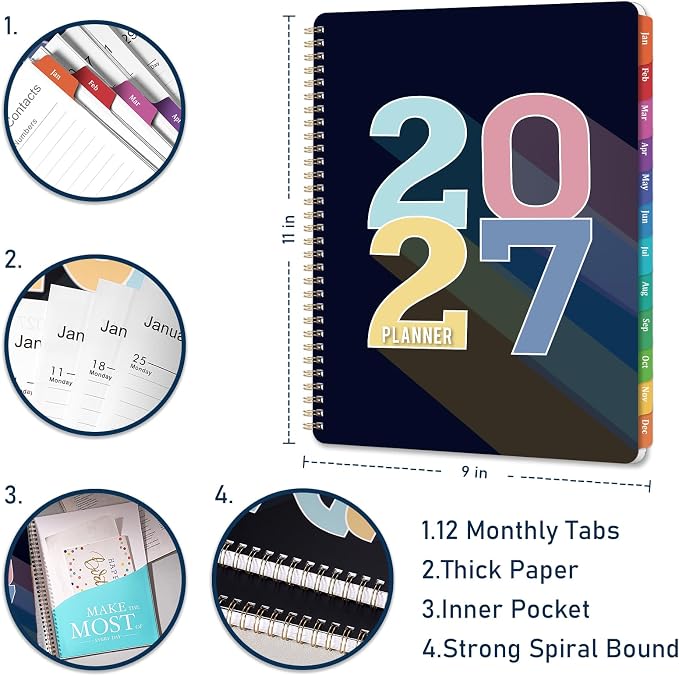 Planner 2027-2027 Calendar Planner, Jan 2027 - Dec 2027, 9" x 11" | 2027 Planner weekly and monthly with Colourful Tabs, Inner Pocket, Premium Paper, Twin-wire Binding
