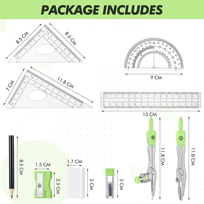 Zonon Math Geometry Set for Students 10 Pcs Compass Geometry Tools Kit Includes Protractor Compass Lead Refills Rulers Pencil Sharpener Eraser Pencil Storage Box for Drafting and Drawings(Green)